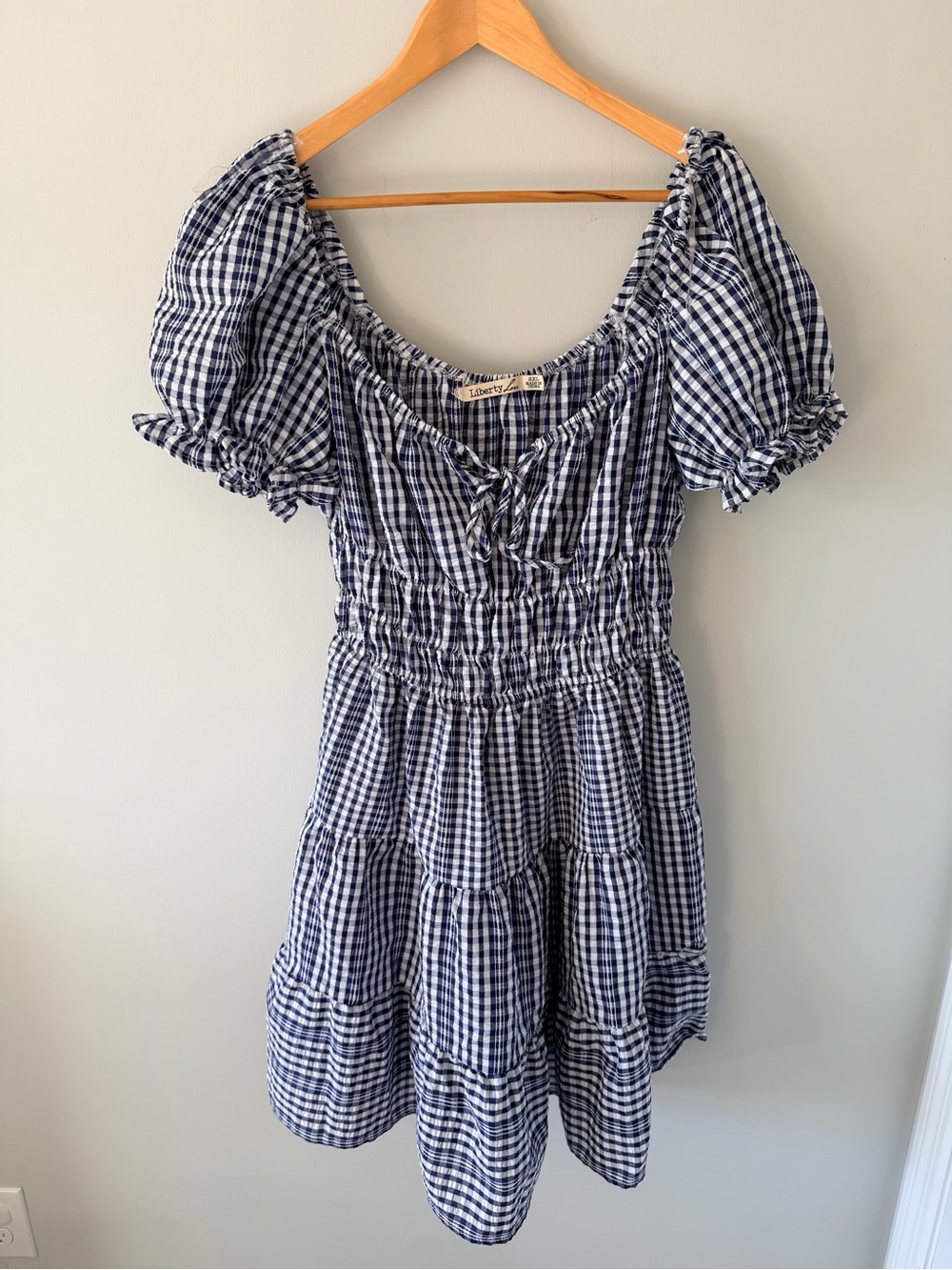 Blue Gingham Puff-Sleeve Mini Dress